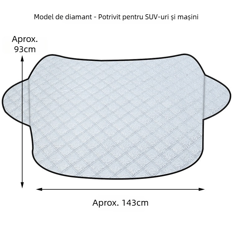 Acoperire pentru parbrizul frontal al mașinii cu căptușeală din bumbac; material: folie de aluminiu + bumbac PP + țesătură nețesută; montaj: tip card-in; partea aplicabilă: parbrizul frontal; greutate: 494 g