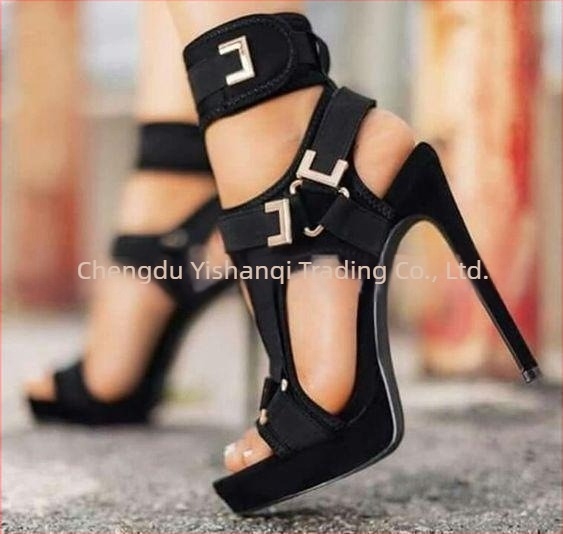 Sandale de damă cu cataramă, vârf în formă de gură de pește, toc-platformă de 12 cm, PU partea superioară, talpă din cauciuc