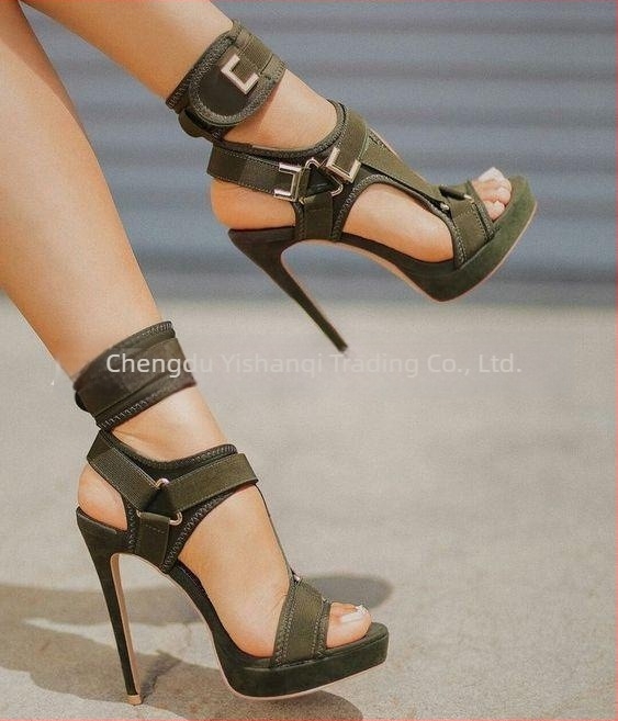 Sandale de damă cu cataramă, vârf în formă de gură de pește, toc-platformă de 12 cm, PU partea superioară, talpă din cauciuc