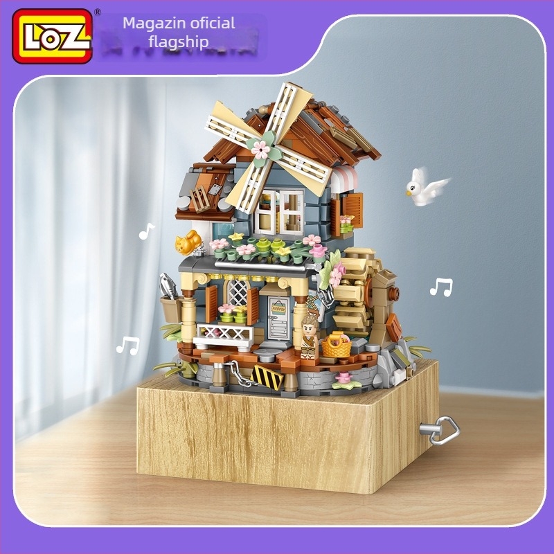 LOZ Blocuri de construcții – Casă cu mori de vânt, cutie muzicală, rotativă, DIY, ABS Plastic, 800+ piese
