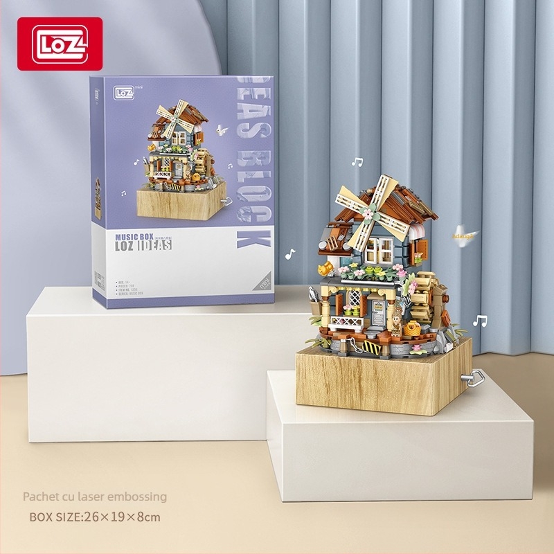 LOZ Blocuri de construcții – Casă cu mori de vânt, cutie muzicală, rotativă, DIY, ABS Plastic, 800+ piese