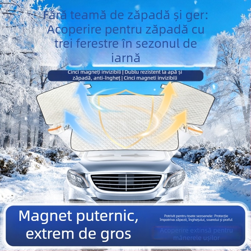 Acoperire auto pentru parbrizul din față, întărită, nouă versiune, folie de aluminiu, protecție împotriva vântului, anti-congelare și anti-zăpadă, montaj telescopic, universal, 700 g