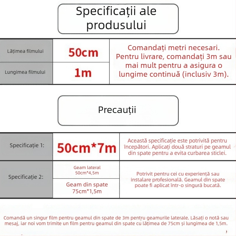 Film pentru geamuri auto – autocolant, membrană nano ceramică, transmisie luminoasă 70–80%, protecție UV peste 90%, seria 1