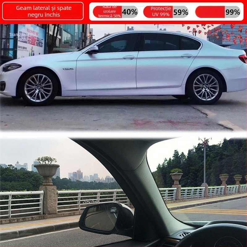 Film pentru geamuri auto – autocolant, membrană nano ceramică, transmisie luminoasă 70–80%, protecție UV peste 90%, seria 1
