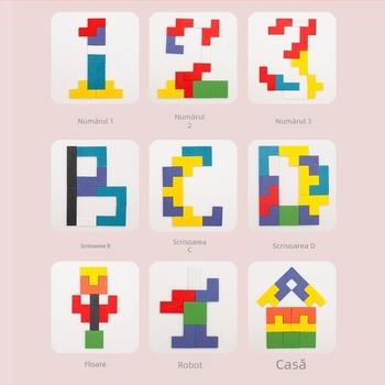 Blocuri puzzle din lemn pentru educație timpurie – blocuri geometrice plate, stil Tetris, compatibile cu DIY, pentru copii 4–6 ani, unisex