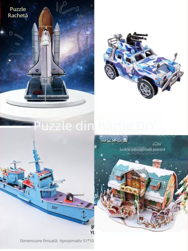 Set puzzle 3D DIY: casă, mașină și model militar pentru copii
