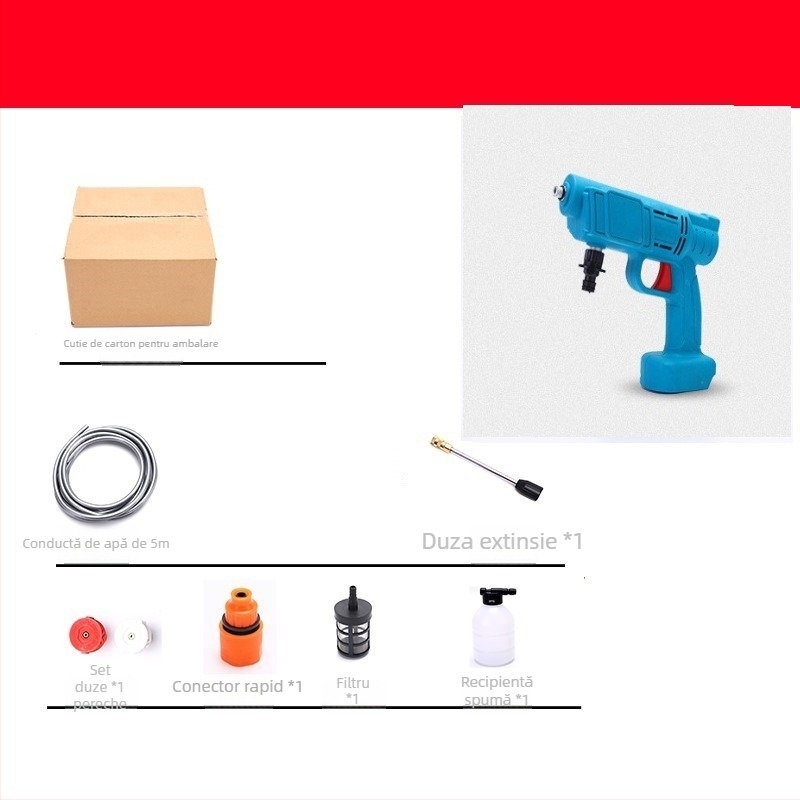 Pistol portabil de spălat cu baterie litiu pentru mașină, pompă de înaltă presiune — 21 V, 3 MPa, 3 L/min, furtun 5 m
