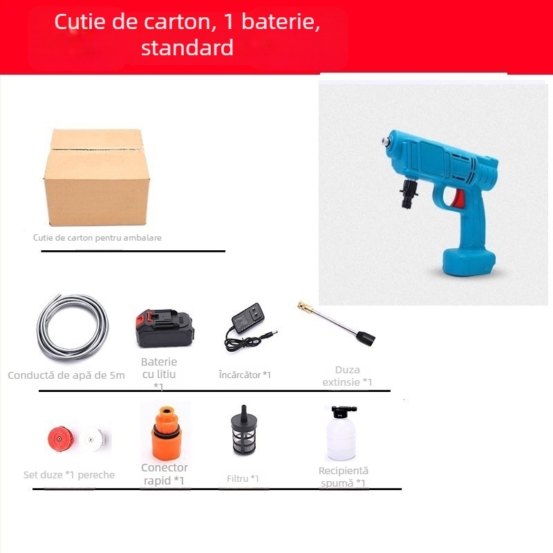Pistol portabil de spălat cu baterie litiu pentru mașină, pompă de înaltă presiune — 21 V, 3 MPa, 3 L/min, furtun 5 m