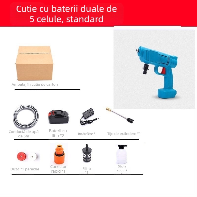 Pistol portabil de spălat cu baterie litiu pentru mașină, pompă de înaltă presiune — 21 V, 3 MPa, 3 L/min, furtun 5 m