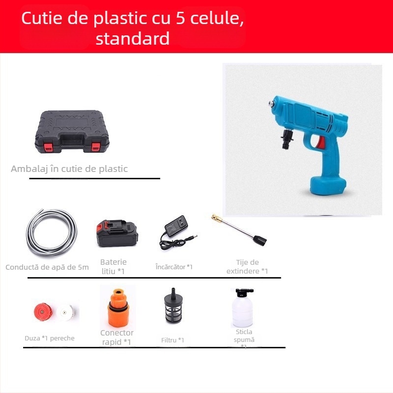 Pistol portabil de spălat cu baterie litiu pentru mașină, pompă de înaltă presiune — 21 V, 3 MPa, 3 L/min, furtun 5 m