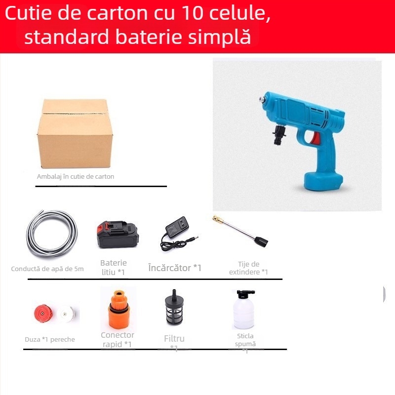 Pistol portabil de spălat cu baterie litiu pentru mașină, pompă de înaltă presiune — 21 V, 3 MPa, 3 L/min, furtun 5 m