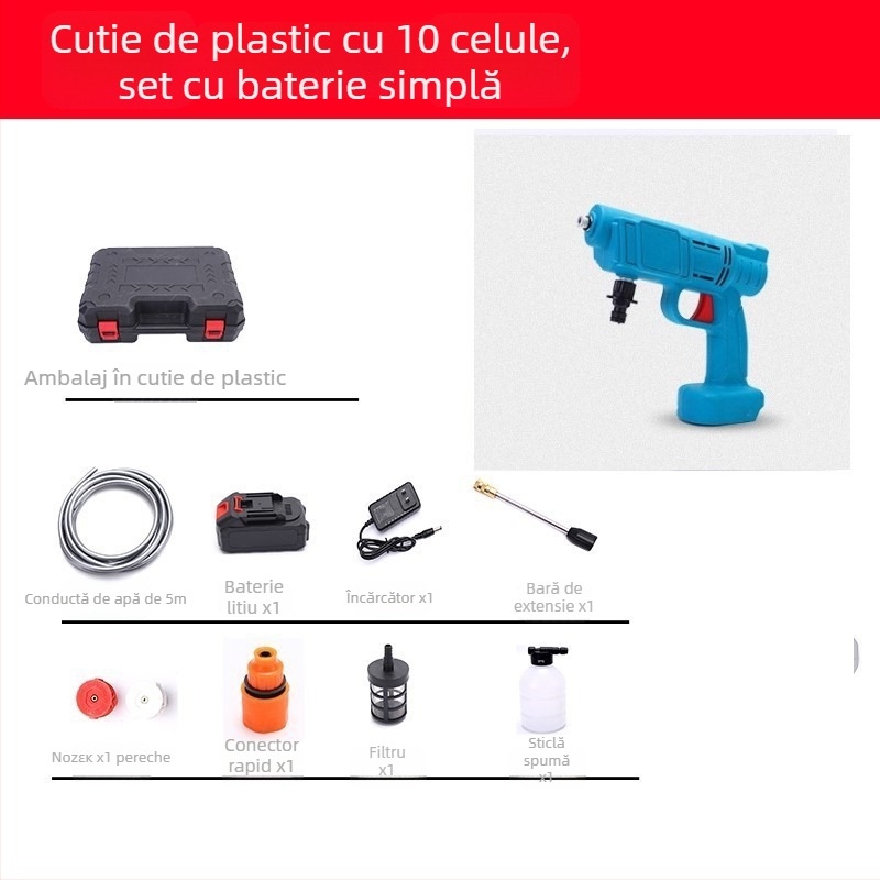 Pistol portabil de spălat cu baterie litiu pentru mașină, pompă de înaltă presiune — 21 V, 3 MPa, 3 L/min, furtun 5 m