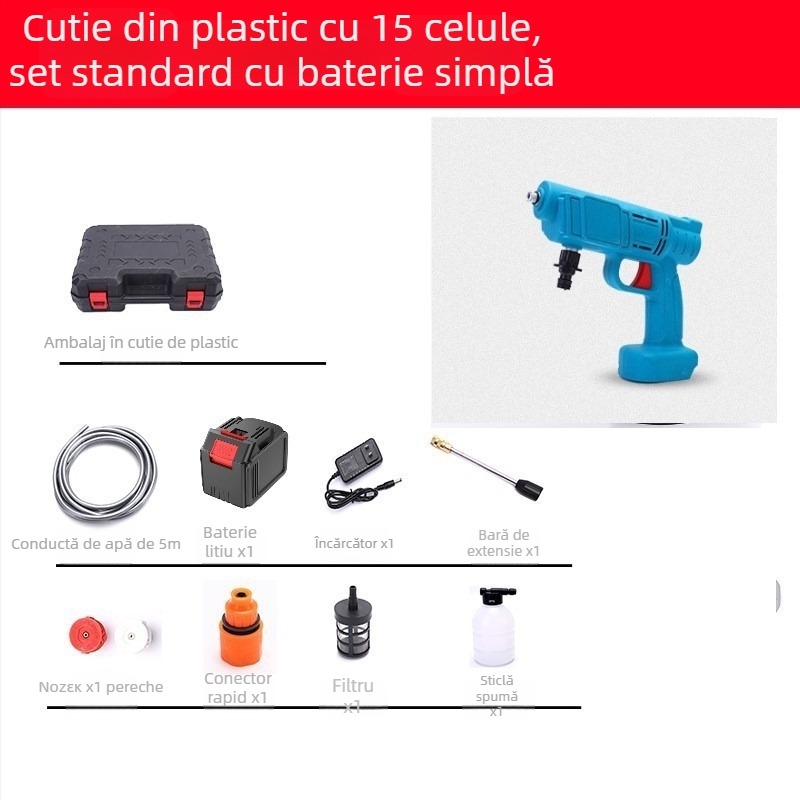 Pistol portabil de spălat cu baterie litiu pentru mașină, pompă de înaltă presiune — 21 V, 3 MPa, 3 L/min, furtun 5 m