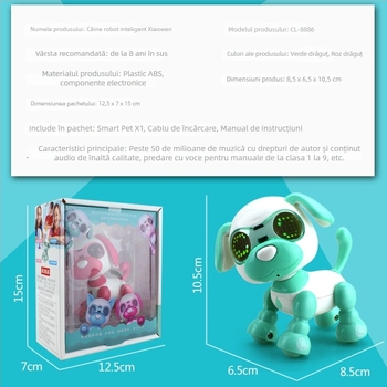 Cățeluș robotic educațional pentru copii, muzică și voce, alimentat cu baterie Li-ion, vârsta 7-14 ani, dezvoltare emoțională și vizuală, mișcare și joc interactiv