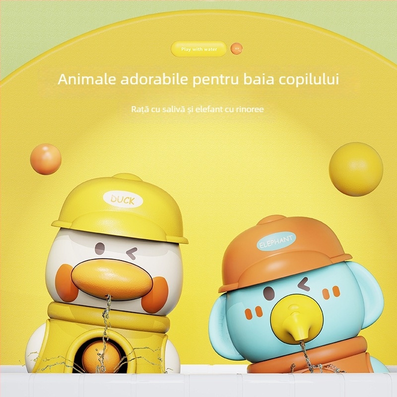 Jucărie de baie cu ventuză și roată de apă care se învârte – animale desen animate rață și elefant (din plastic, pentru copii 3–6 ani)