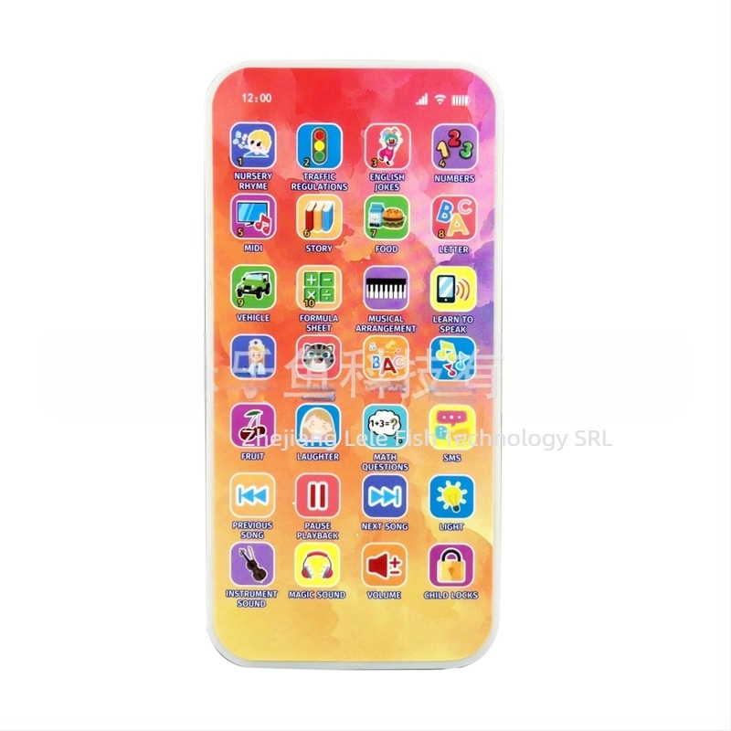 Telefon-jucărie educativ, reîncărcabil, cu ecran tactil – înregistrare, muzică/voce, carcasă ABS, baterie Li‑ion, pentru copii 4–6 ani.