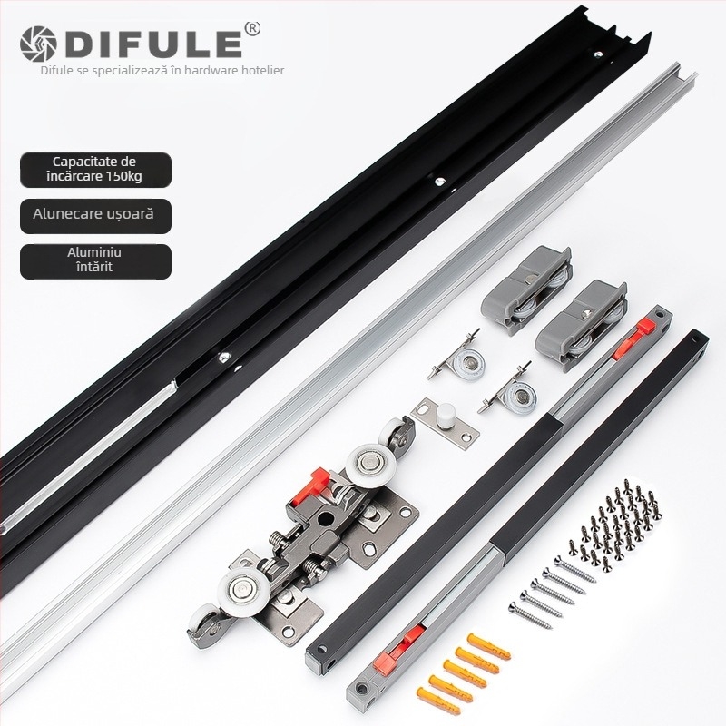 Set hardware pentru uși glisante: șină invizibilă, role suspendate bidirecționale, aliaj de zinc, model DFL-GC010, Ding Fule, stil modern minimalist
