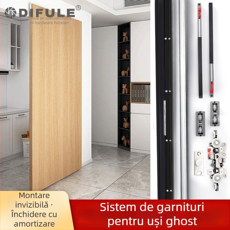 Set hardware pentru uși glisante: șină invizibilă, role suspendate bidirecționale, aliaj de zinc, model DFL-GC010, Ding Fule, stil modern minimalist