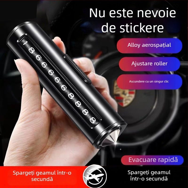Placă metalică temporară pentru parcare, cu funcție 3 în 1: ciocan pentru spargerea geamurilor și tăietor pentru siguranță, plăcuță cu număr de telefon