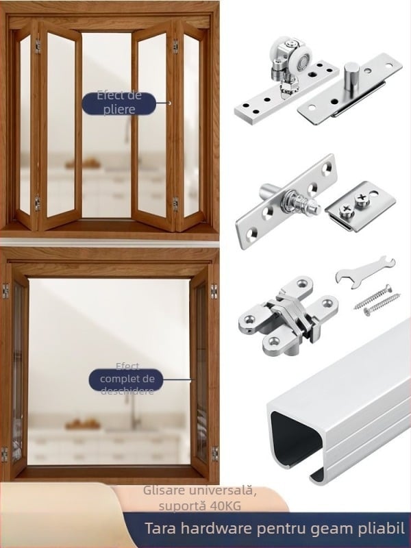Șină de fereastră pliabilă cu role – șină din lemn pentru uși glisante, stânga/dreapta, separator balcon, set complet