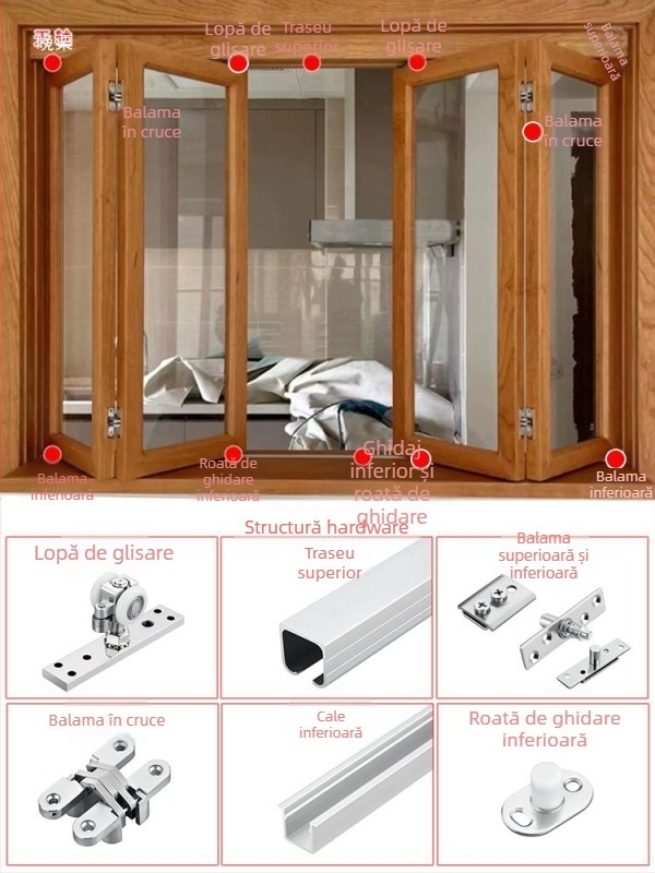 Șină de fereastră pliabilă cu role – șină din lemn pentru uși glisante, stânga/dreapta, separator balcon, set complet