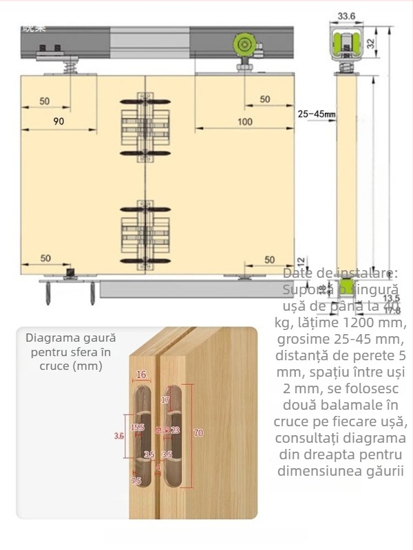 Șină de fereastră pliabilă cu role – șină din lemn pentru uși glisante, stânga/dreapta, separator balcon, set complet