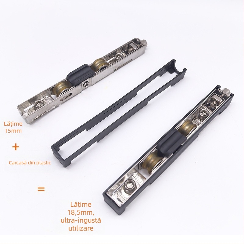 Rola inferioară pentru ușă glisantă din oțel inoxidabil — roată 15 mm, ax Ø8 mm, sarcină 150 kg