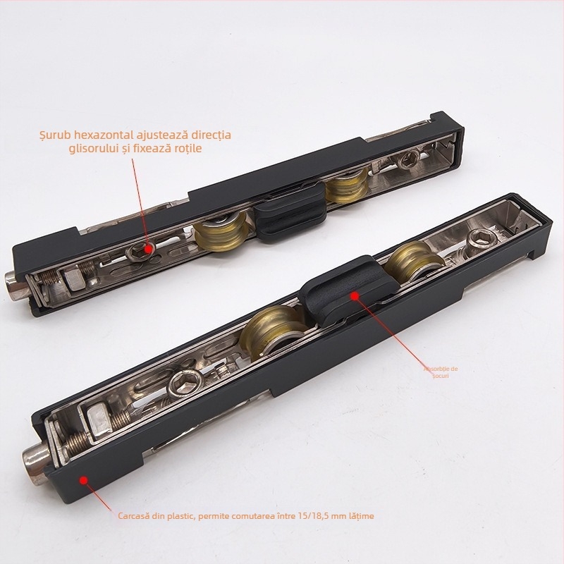 Rola inferioară pentru ușă glisantă din oțel inoxidabil — roată 15 mm, ax Ø8 mm, sarcină 150 kg