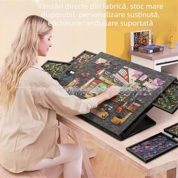 Panou plat educațional pentru puzzle cu suport și capac, tablă Tangram portabilă cu 6 sertare pentru copii între 7 și 14 ani
