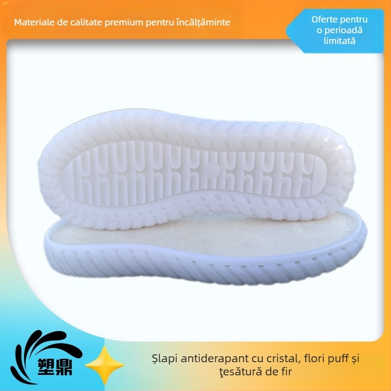Papuci croșetați cu flori pufoase și talpă de cristal — PVC, țesătură cu fir, accente Tendon Jelly, toate sezoanele, stil relaxat și deplasări elegante