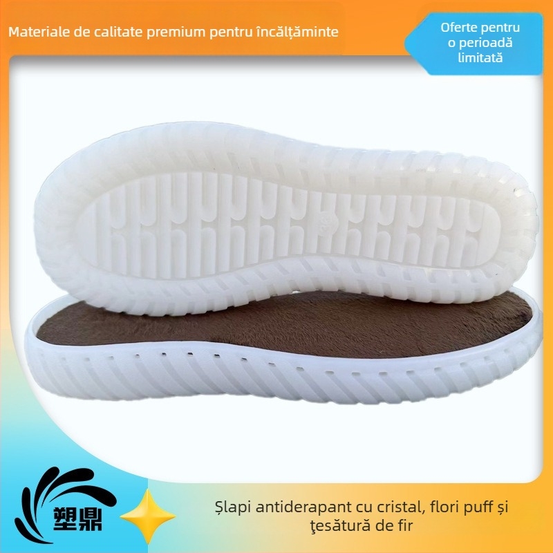 Papuci croșetați cu flori pufoase și talpă de cristal — PVC, țesătură cu fir, accente Tendon Jelly, toate sezoanele, stil relaxat și deplasări elegante