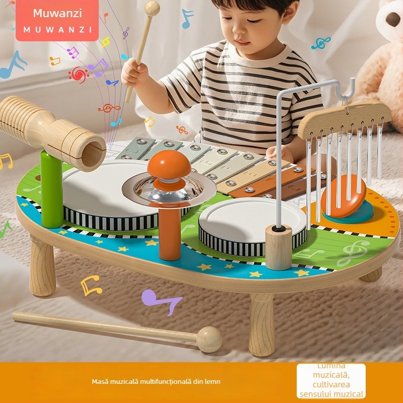 Tambur din lemn Montessori pentru educație timpurie, masă muzicală multifuncțională cu plăcuță sonoră, potrivit pentru copii de 4–6 ani