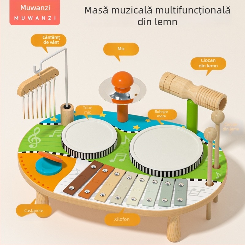 Tambur din lemn Montessori pentru educație timpurie, masă muzicală multifuncțională cu plăcuță sonoră, potrivit pentru copii de 4–6 ani