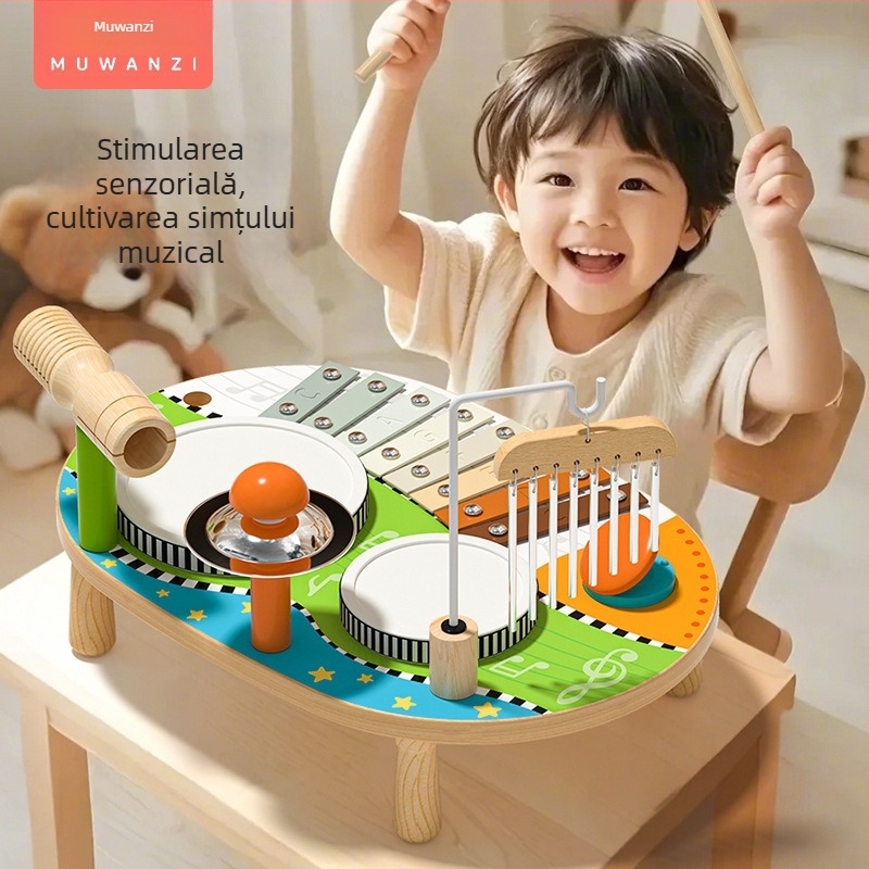 Tambur din lemn Montessori pentru educație timpurie, masă muzicală multifuncțională cu plăcuță sonoră, potrivit pentru copii de 4–6 ani