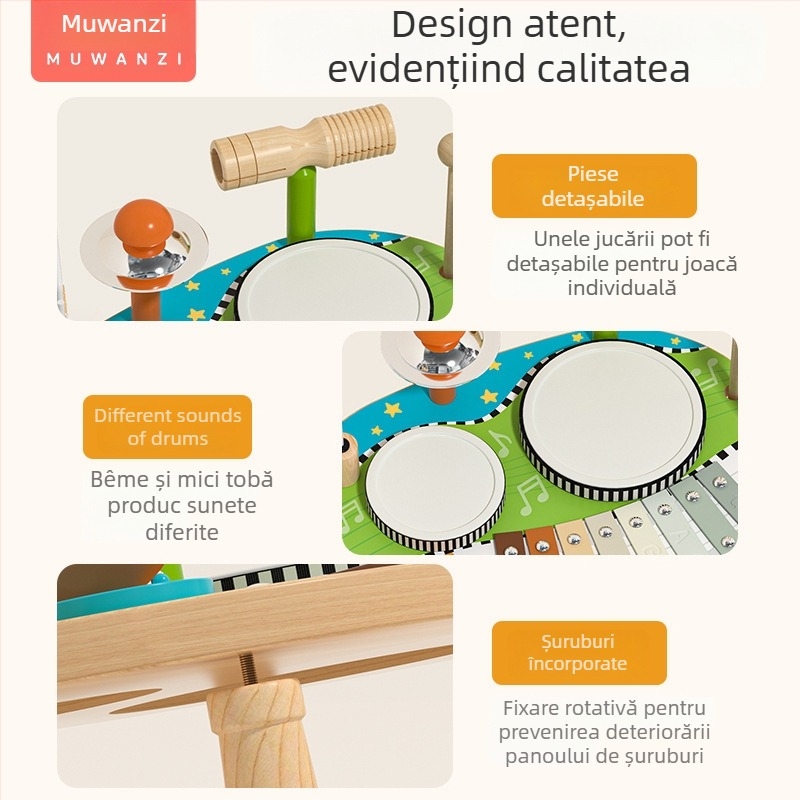 Tambur din lemn Montessori pentru educație timpurie, masă muzicală multifuncțională cu plăcuță sonoră, potrivit pentru copii de 4–6 ani