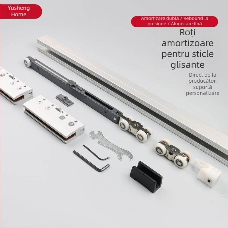 Sistem de role pentru ușă glisantă din sticlă, amortizare hidraulică, model Al0590, construcție din aluminiu + plastic, sarcină maximă 80 kg, stil modern minimalist