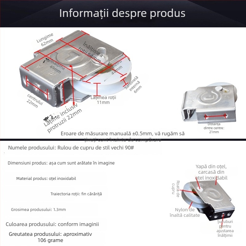 Rola inferioară pentru uși și ferestre, cu cadru din oțel inoxidabil și role din nailon cu nucleu de cupru, Model 90, capacitate de încărcare 56 kg