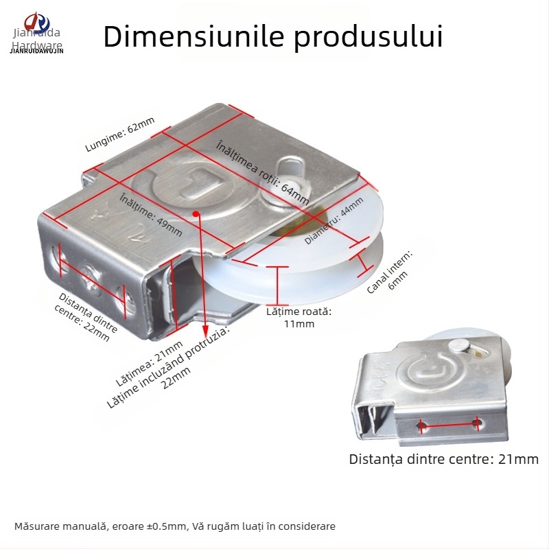 Rola inferioară pentru uși și ferestre, cu cadru din oțel inoxidabil și role din nailon cu nucleu de cupru, Model 90, capacitate de încărcare 56 kg