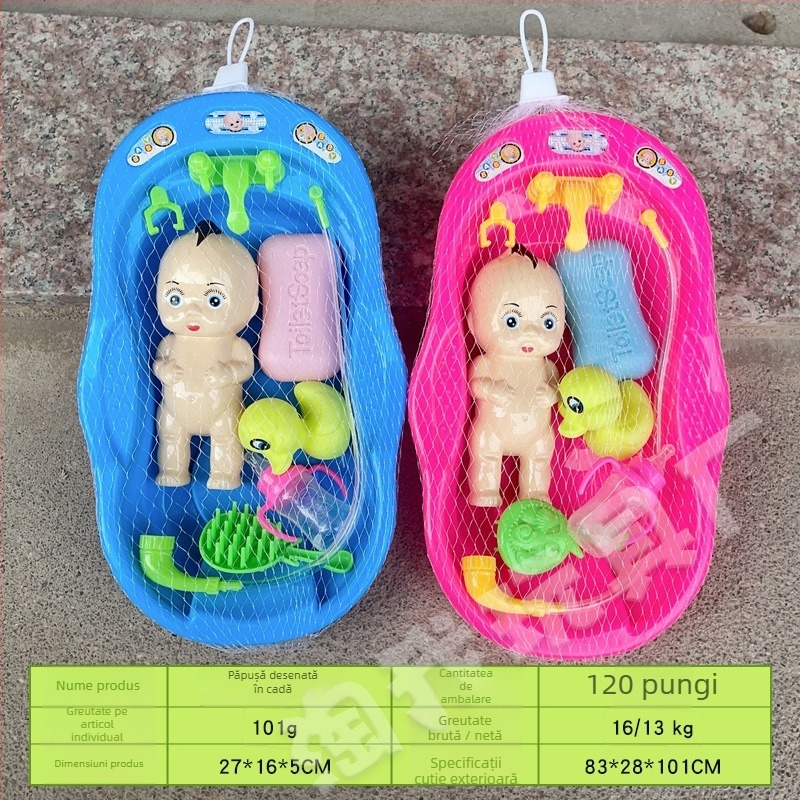 Set de jucării pentru baie cu păpușă din plastic pentru jocuri cu apă, destinat copiilor 3–6 ani, ambalaj în plasă, ghid video disponibil