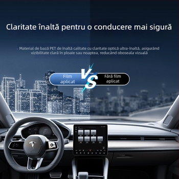 Film pentru ferestre auto – Material PET; Transmitanță luminoasă 50–70%; Izolație termică 40–90%; Protecție UV 60–99%; Izolație parbriz frontal cu nano ceramic.