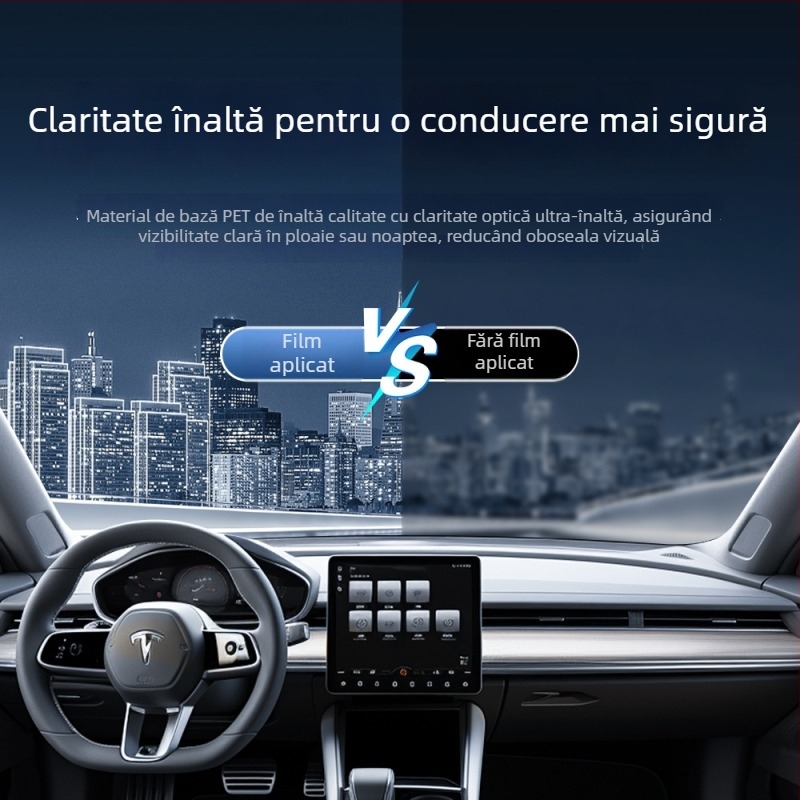Film pentru ferestre auto – Material PET; Transmitanță luminoasă 50–70%; Izolație termică 40–90%; Protecție UV 60–99%; Izolație parbriz frontal cu nano ceramic.
