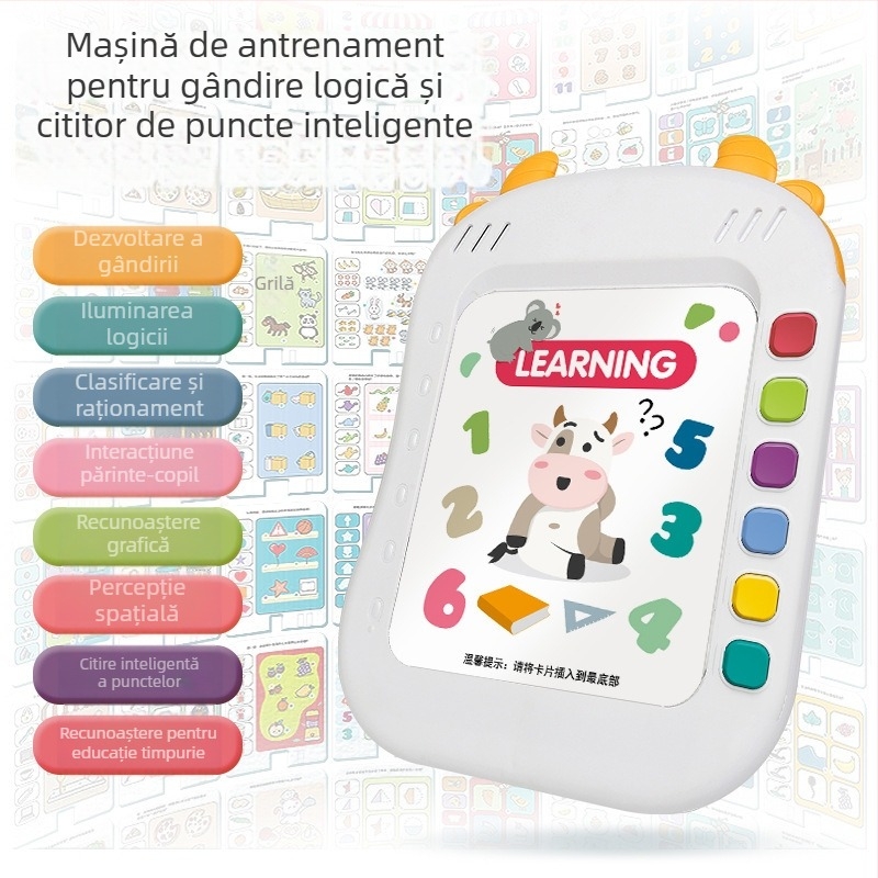 Jucărie educațională cu citire punctuală – dispozitiv inteligent de învățare timpurie cu citire vocală și antrenament pentru concentrare și logică (Categorie: dispozitiv de citire punctuală; Funcții: electric, interactiv, muzical; Material: plastic; Alimen