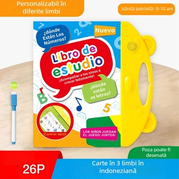 Carte educativă interactivă în limba spaniolă pentru copii de 4–6 ani, cu atingere și sunet: alfabet și cifre, hârtie acoperită, alimentată cu baterie litiu