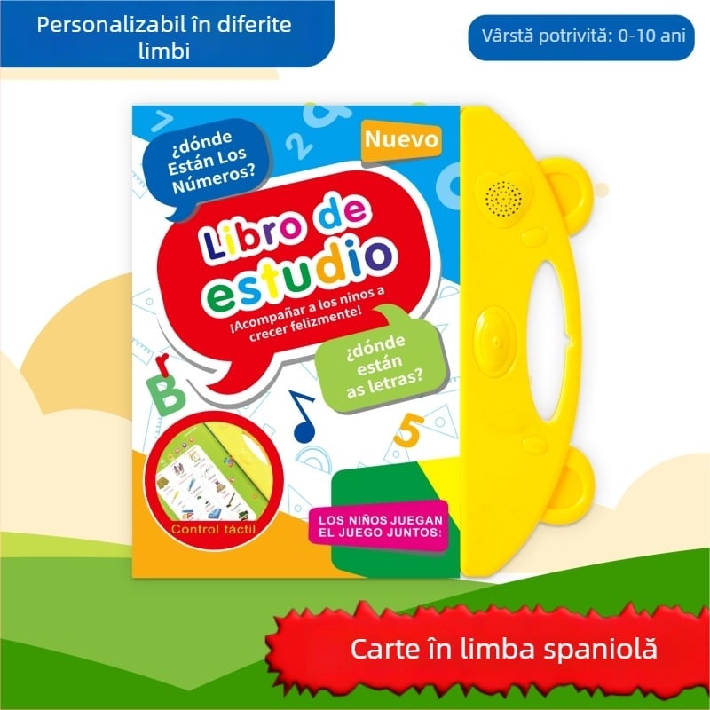Carte educativă interactivă în limba spaniolă pentru copii de 4–6 ani, cu atingere și sunet: alfabet și cifre, hârtie acoperită, alimentată cu baterie litiu