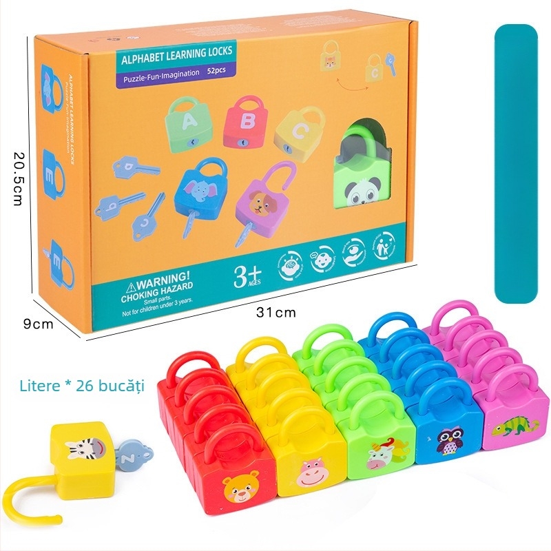 Jucărie Montessori cu deblocare: puzzle din plastic pentru educație timpurie, exerciții de ortografie a cuvintelor și numere, pentru copii 4–6 ani