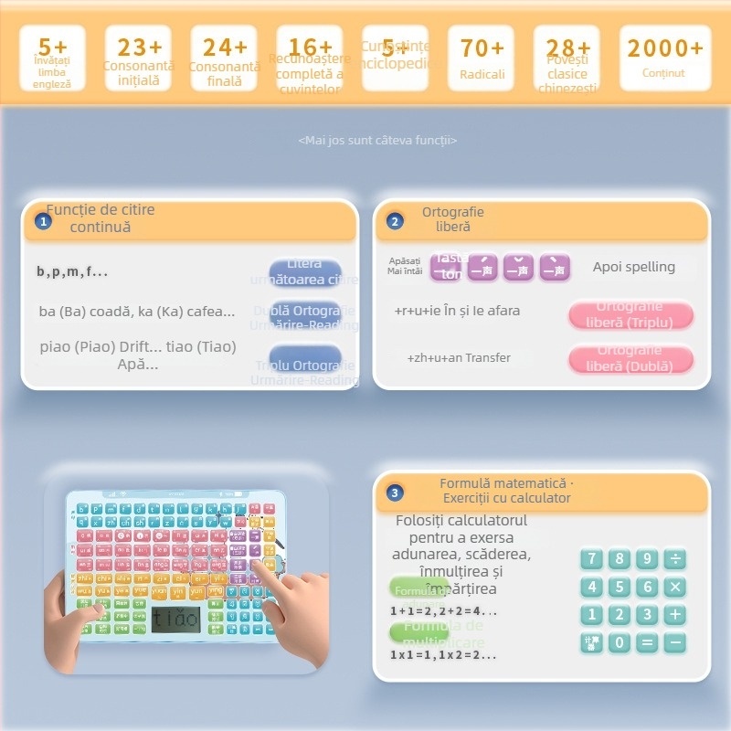 Tablet de citire pentru copii cu Pinyin – dispozitiv educațional cu funcție muzicală, carcasă din plastic, stocare până la 1 GB, potrivit pentru copii 4–6 ani