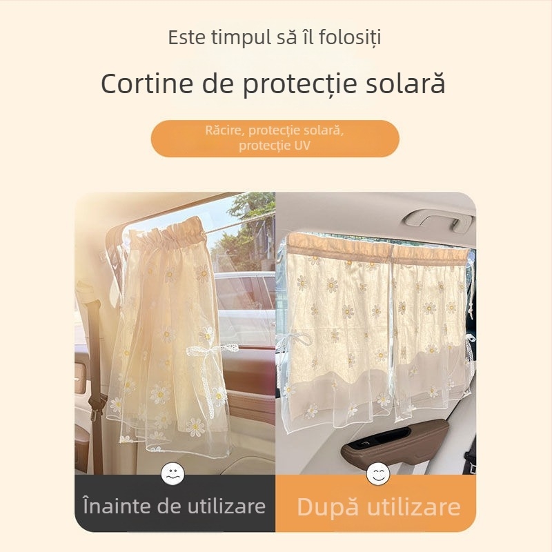 Parasolar auto din dantelă, design cu ventuză de agățare, potrivire universală, tip translucid, perdea cu două straturi pentru protecție solară și izolare termică