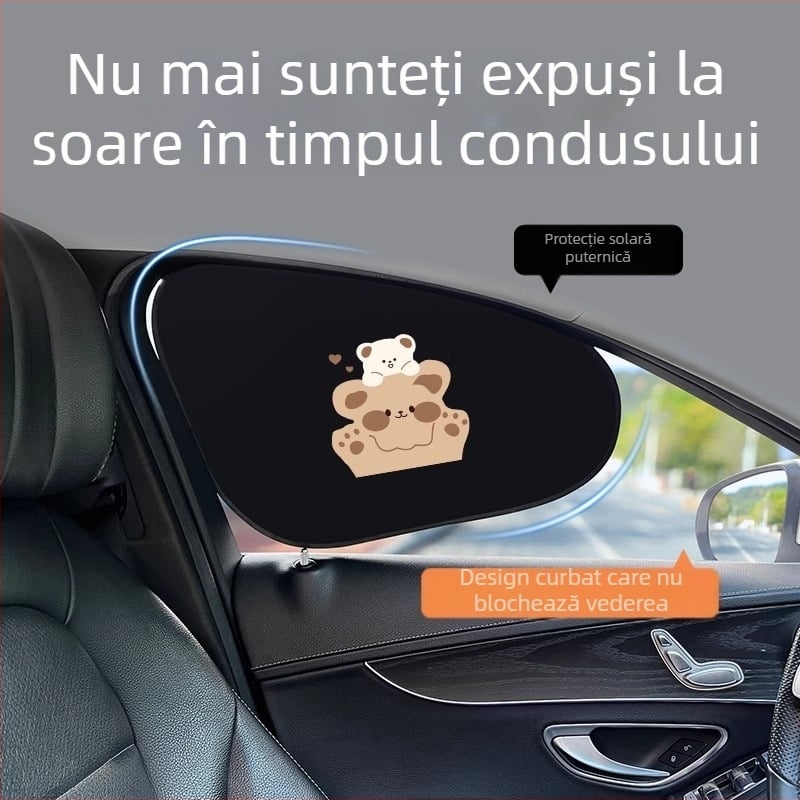 Umbră pentru fereastra automobilului - izolație termică, folie de aluminiu, montaj snap-in, potrivire universală, model desen animat