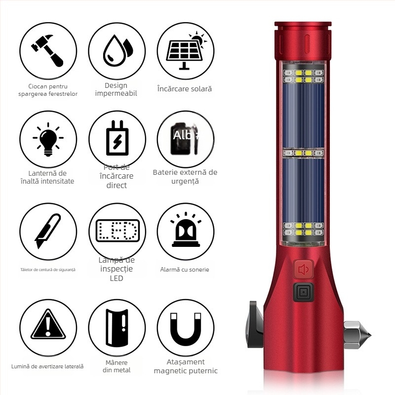 Ciocan auto multifuncțional cu lanternă solară – salvare, spargerea geamului, alarmă • OUDEW • aliaj de aluminiu • Zhejiang • 250 g