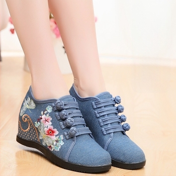 Pantofi din pânză țesută manual, model floral, închidere cu cataramă, toc înclinat 6–8 cm